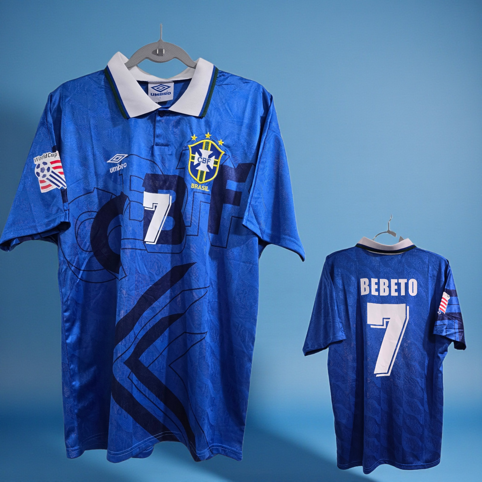 BRAZIL Away World Cup 94 – Soccer – Jersey Retro – BEBETO # 7 – 2XL (Run Small)