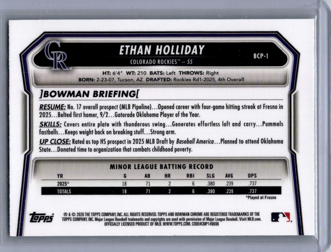 2026 Bowman 1st Ethan Holliday Rookie /99 Colorado Rockies #BCP-1