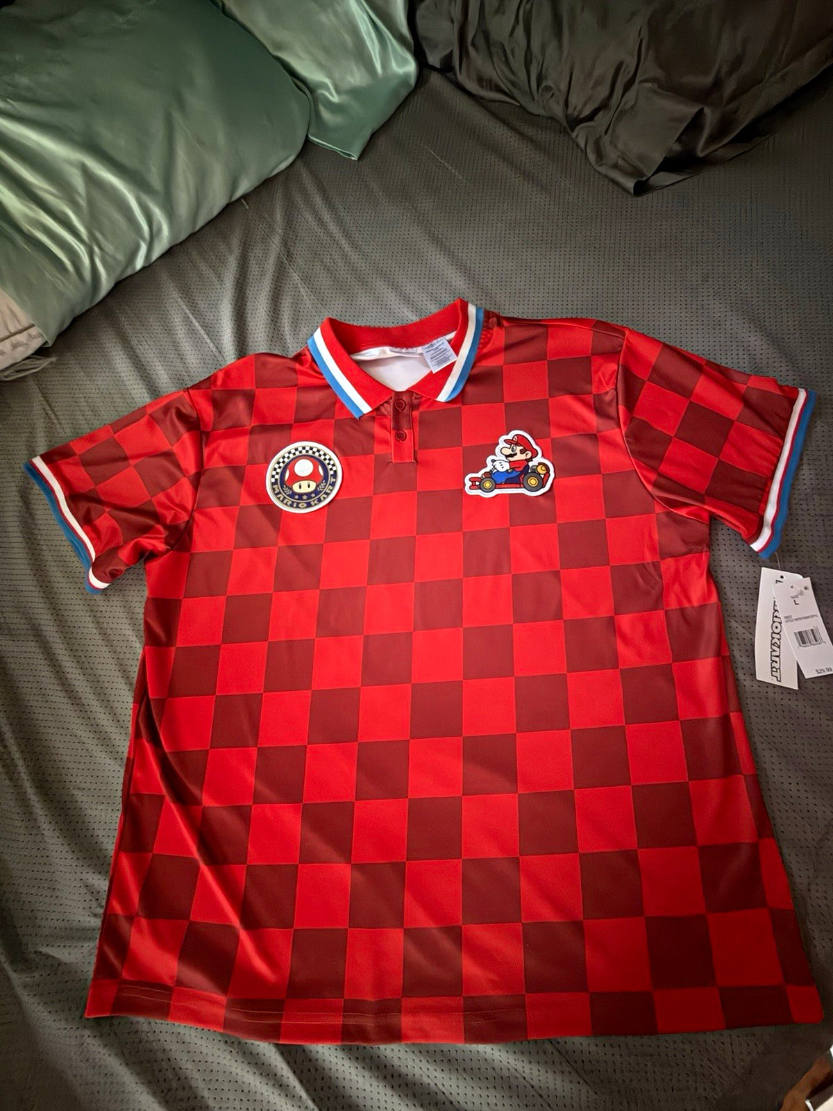 Red Checkered Soccer Jersey Shirt Short Sleeve w/ Crest Patch