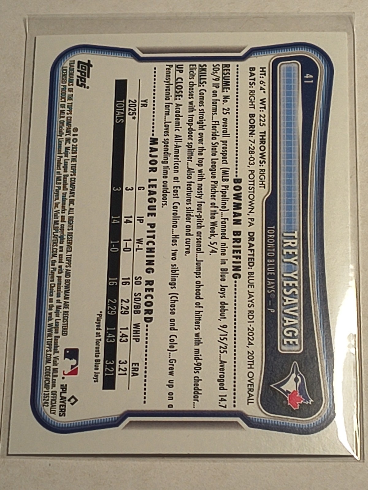 Trey Yesavage 2026 Bowman Baseball #41 Toronto Blue Jays RC Rookie Card