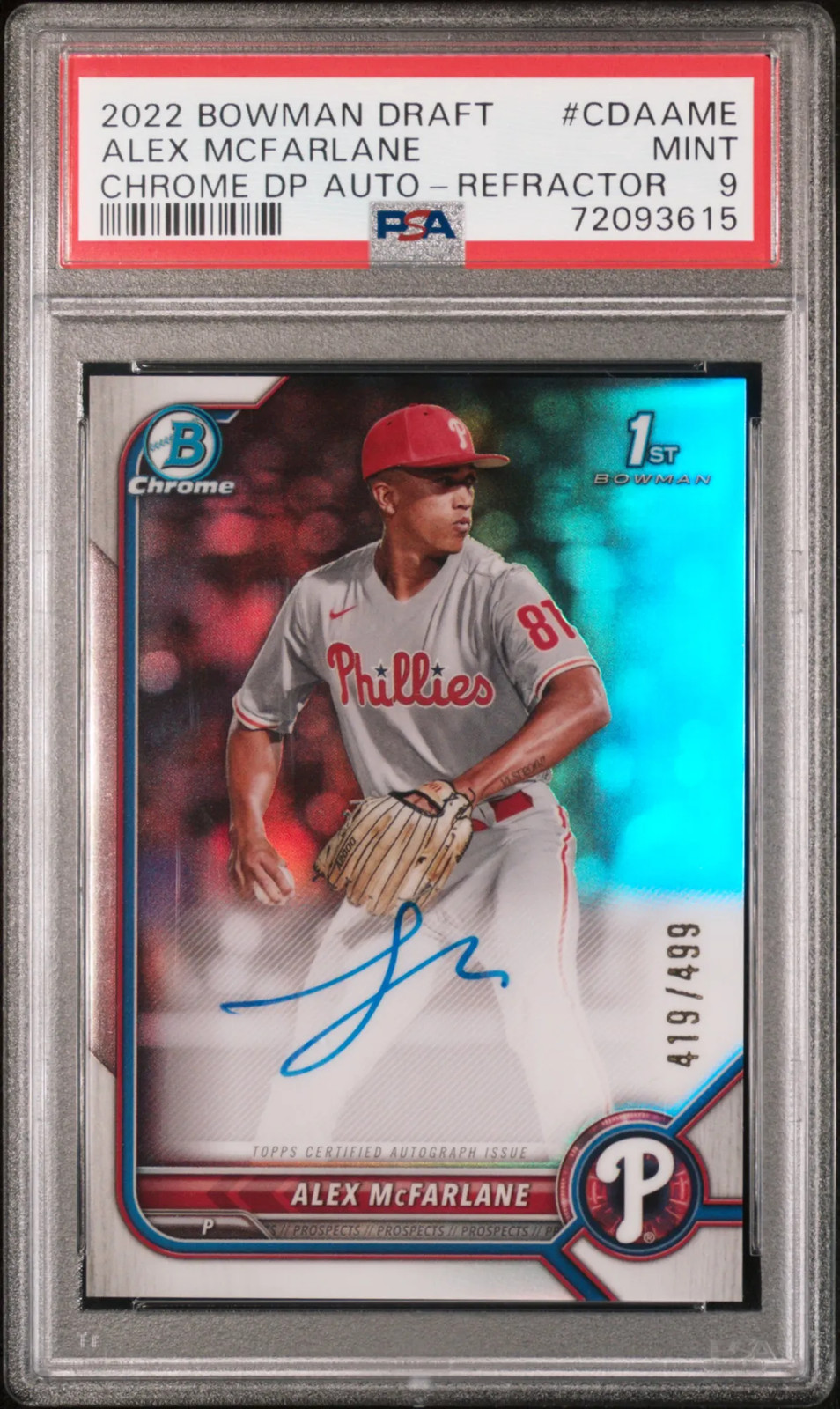 2022 Bowman Chrome Draft Autographs Alex Mcfarlane #CDAAME Refractor /499 PSA 9