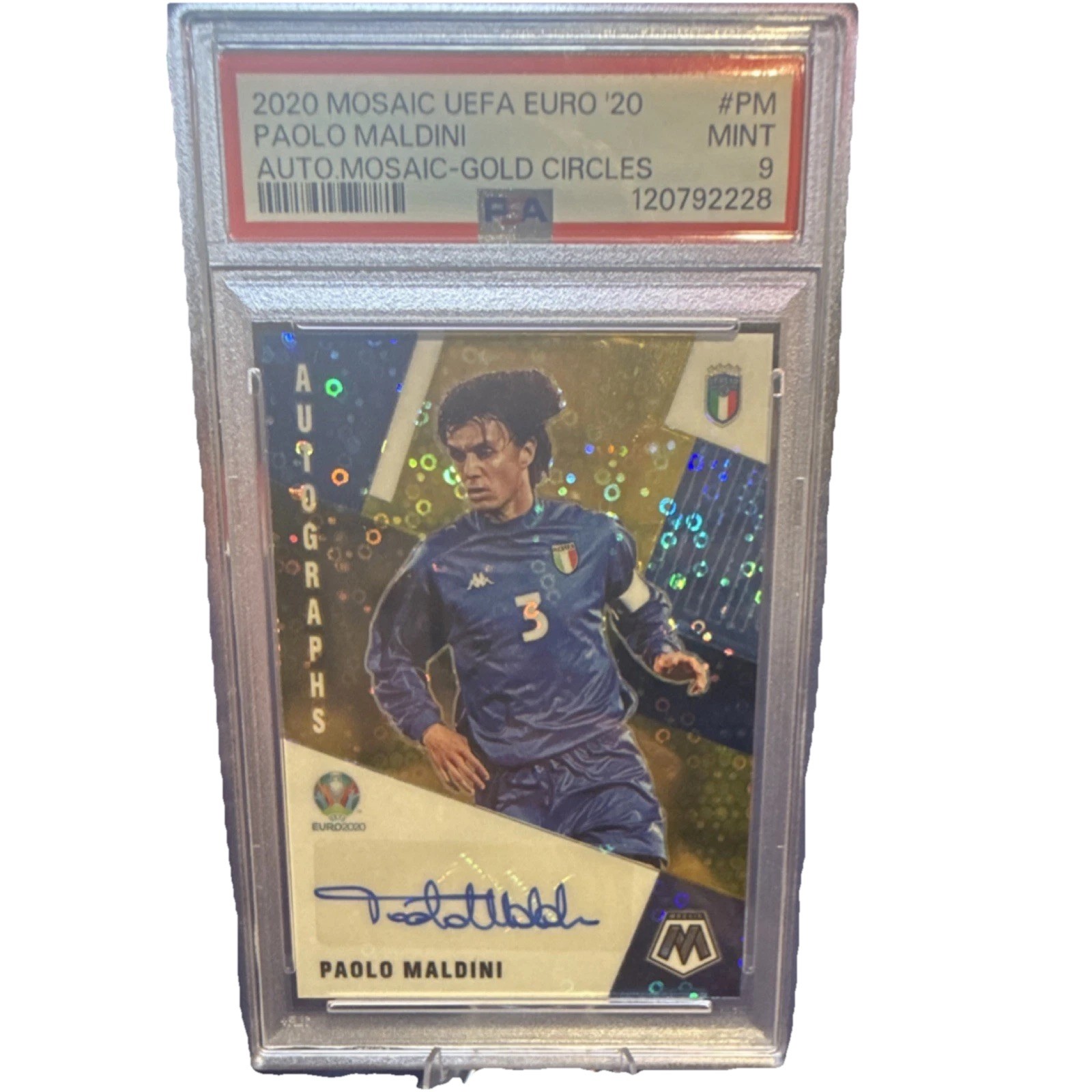 Panini 2020-21 Mosaic UEFA Euro 2020 Maldini Auto Gold Circles /10 #AM-PM PSA 9