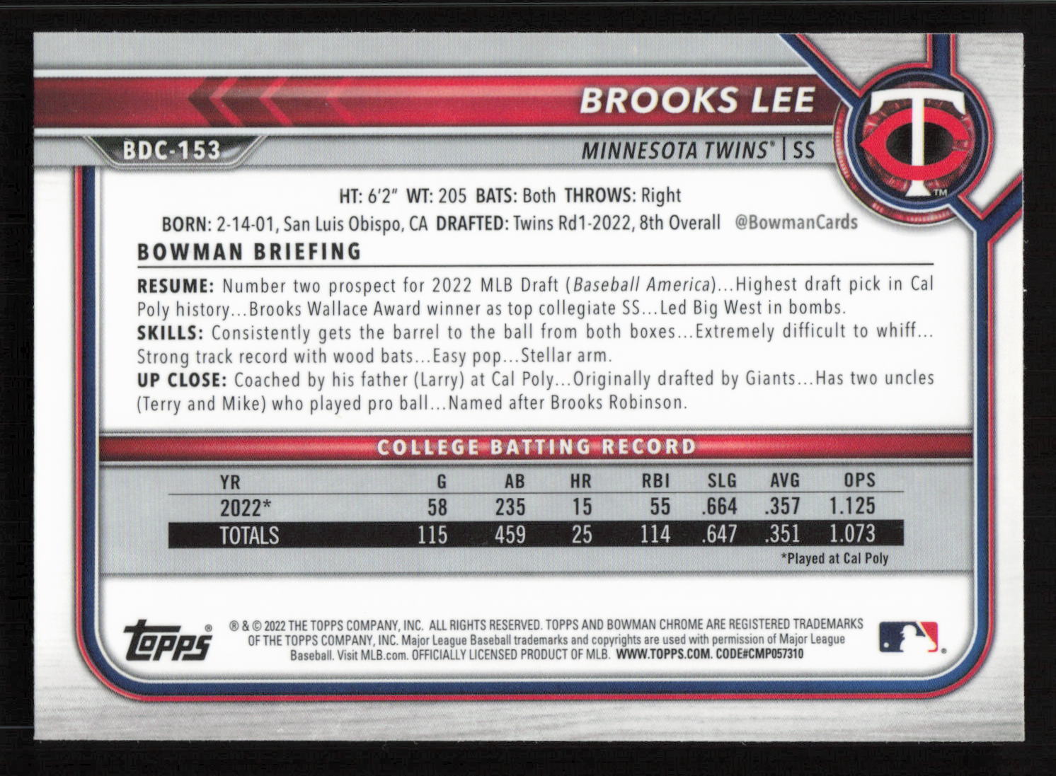2022 Bowman Draft 1st Edition #BD-153 Brooks Lee RC Rookie Card TCCCX