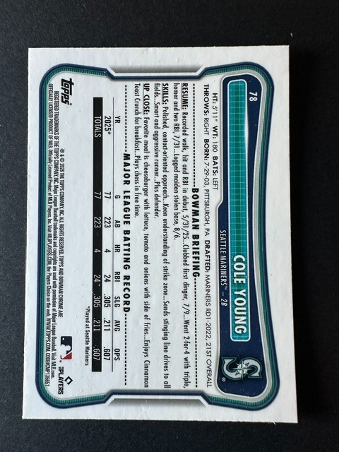 2026 Bowman Chrome #78 Cole Young Chrome Mojo Refractor Rookie RC Seattle