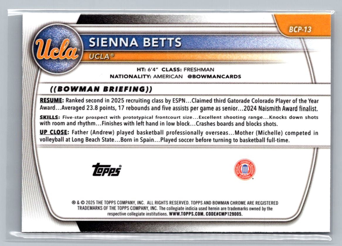 2025-26 Bowman #BCP-13 Sienna Betts Chrome Prospects