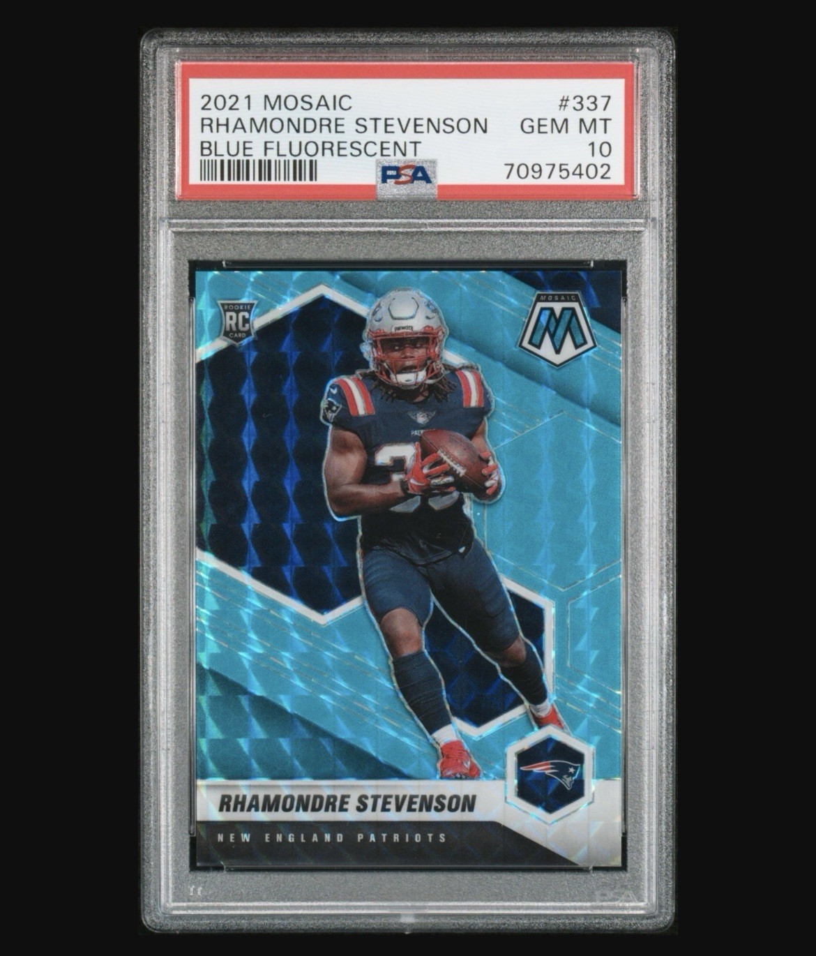 2021 Mosiac Blue Fluorescent Rhamondre Stevenson /15 PSA 10 Gem Mint Pop 1