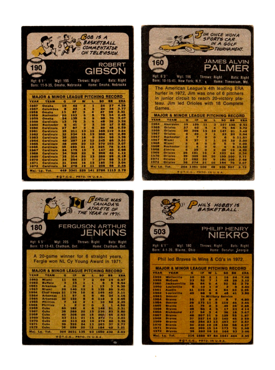 1973 Topps Lot Of 4 HOF’ers Bob Gibson,Phil Niekro,Jim Palmer,Ferguson Jenkins