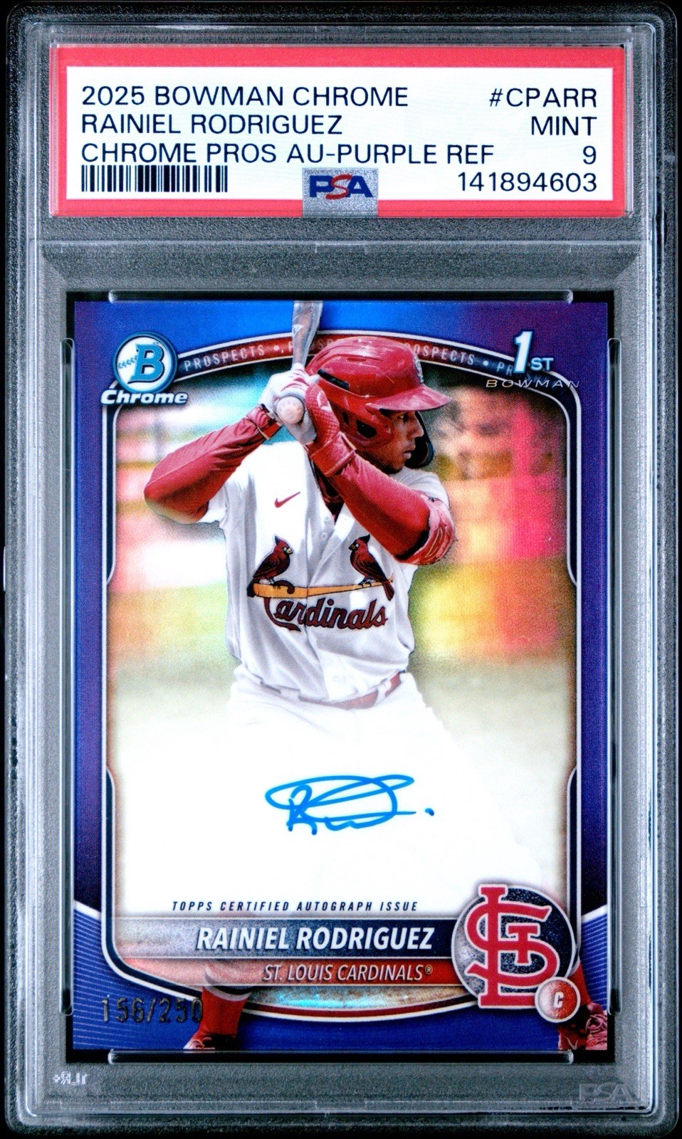 2025 Bowman Chrome Rainiel Rodriguez 1st Purple Auto /250 PSA 9 MINT Cardinals