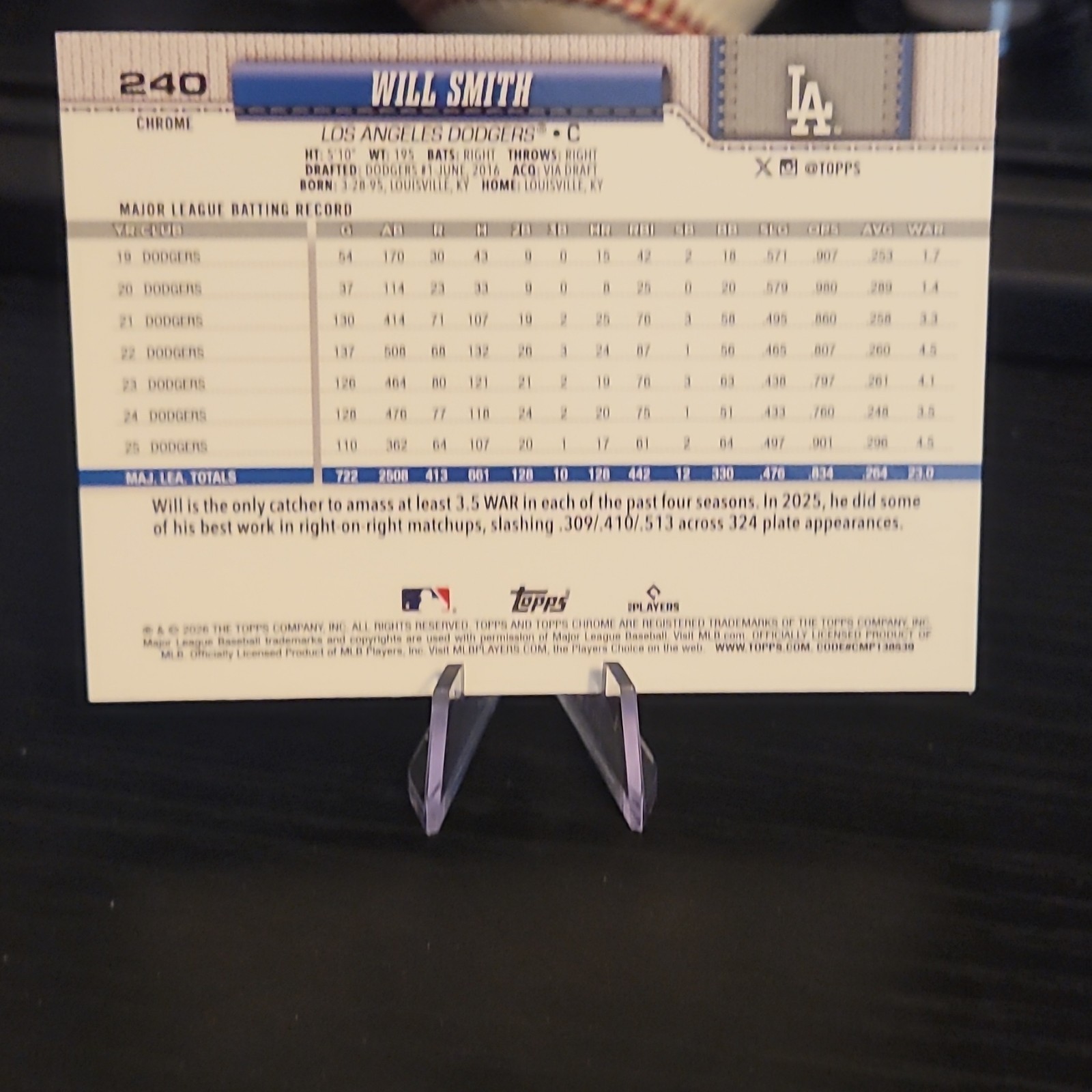 Topps 2026 Topps Chrome Will Smith Pink Speckle Refractor #240 Dodgers