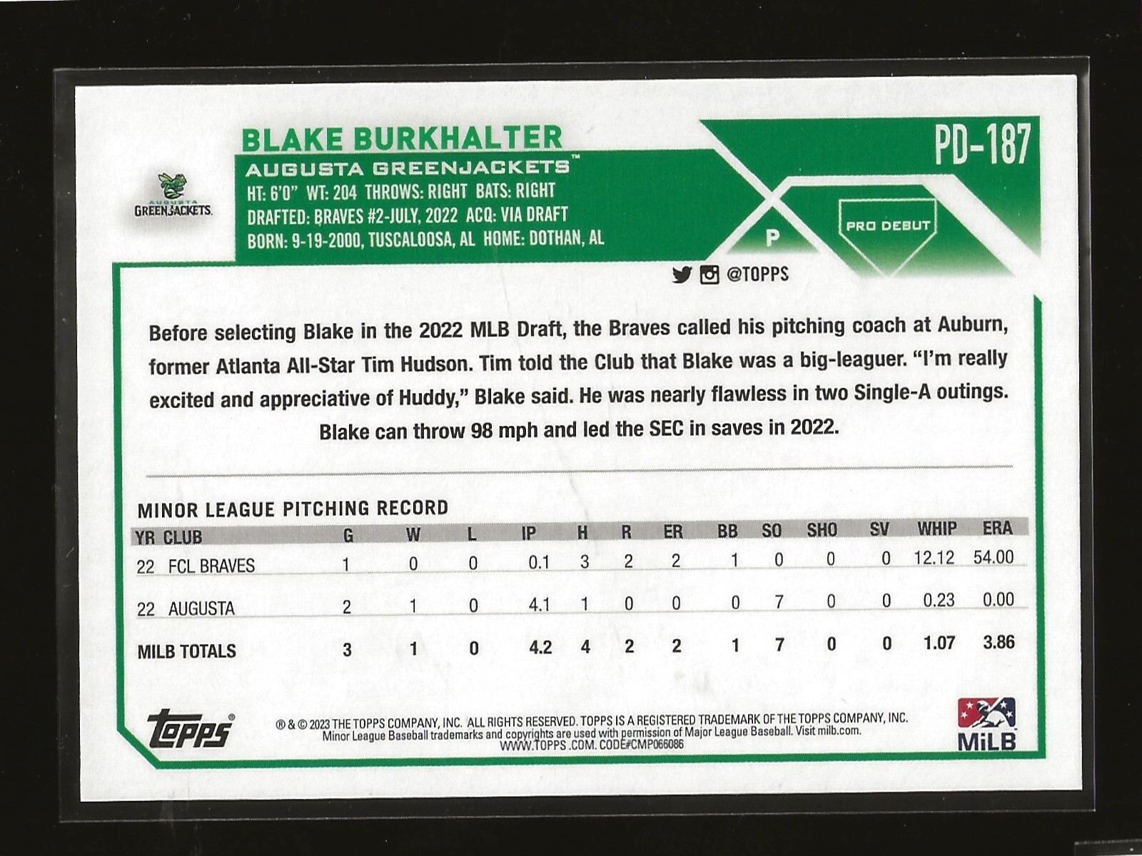 2023 Topps Pro Debut Blake Burkhalter Base Card Augusta GreenJackets (#PD-187)
