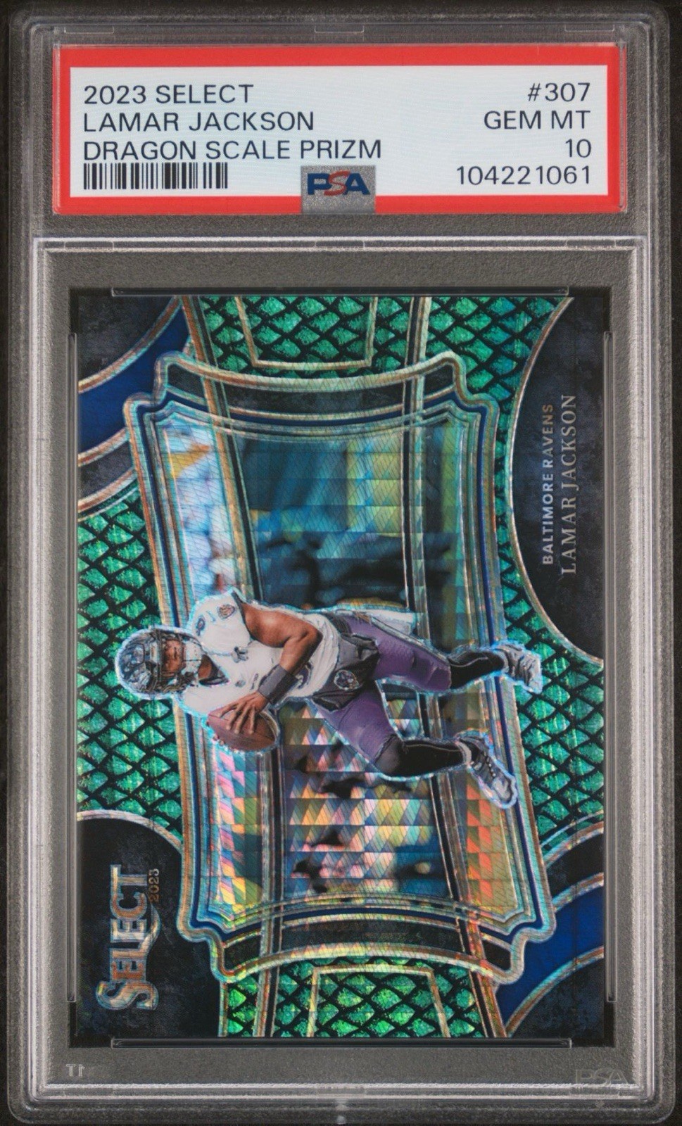 2023 Panini Select – Field Level Lamar Jackson #307 Dragon Scale Prizm /70