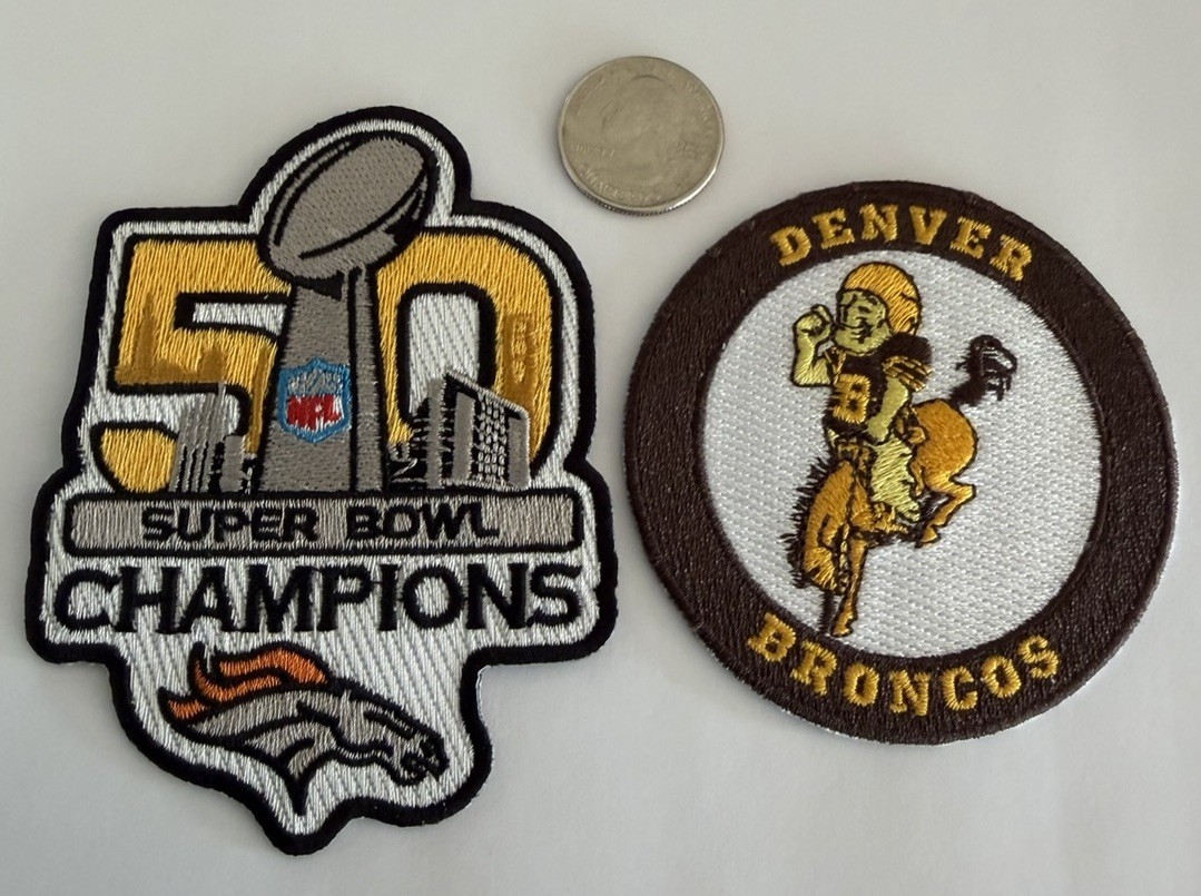 (2)-DENVER BRONCOS VINTAGE EMBROIDERED IRON ON PATCHES 4″x 3.5″& 3”x 3” Nice!