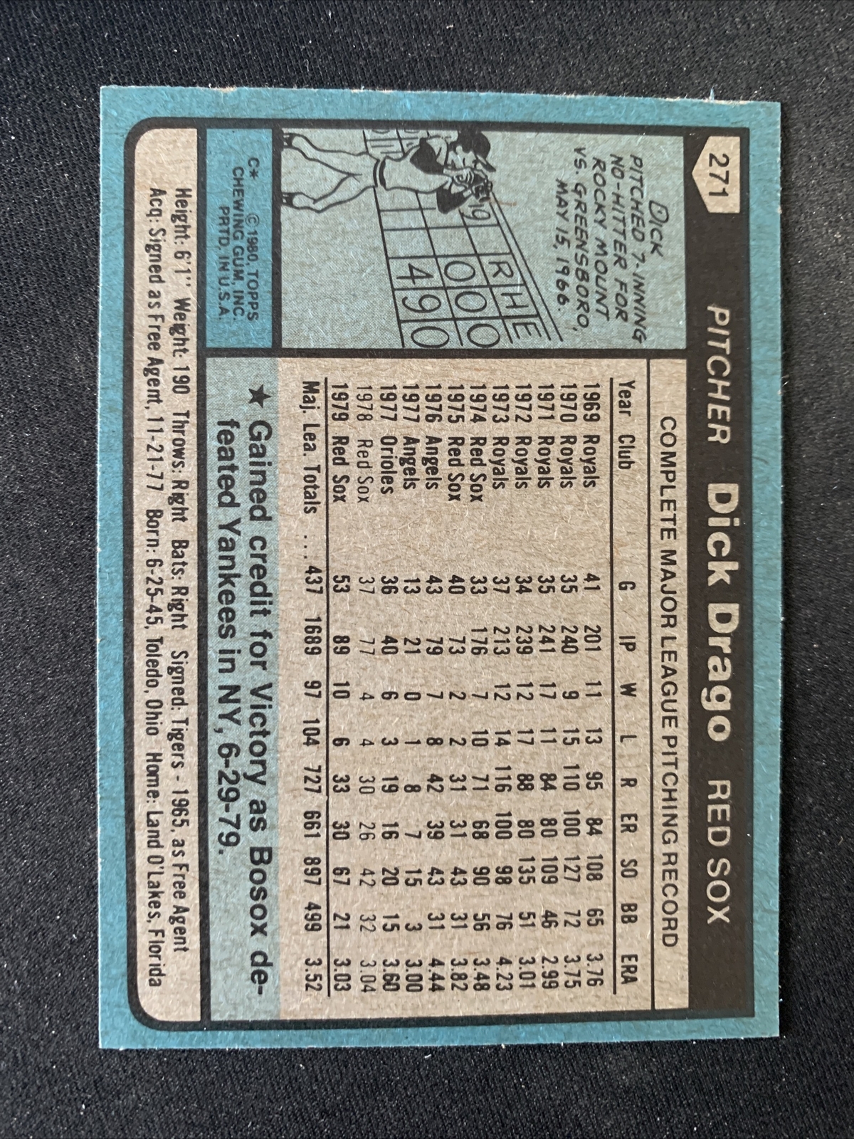 1980 Topps Baseball Card #271 Dick Drago Boston Red Sox NmMt Free Shipping!