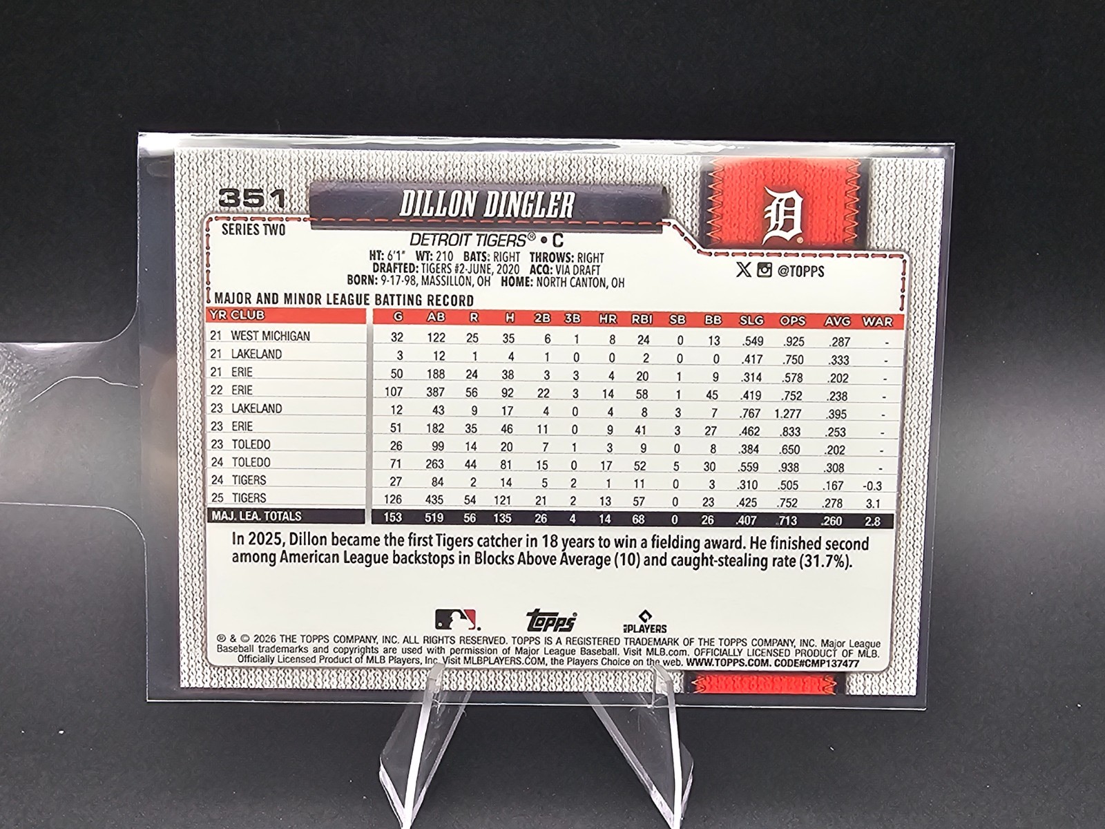 Dillon Dingler 2026 Topps Series 2 #351 Detroit Tigers