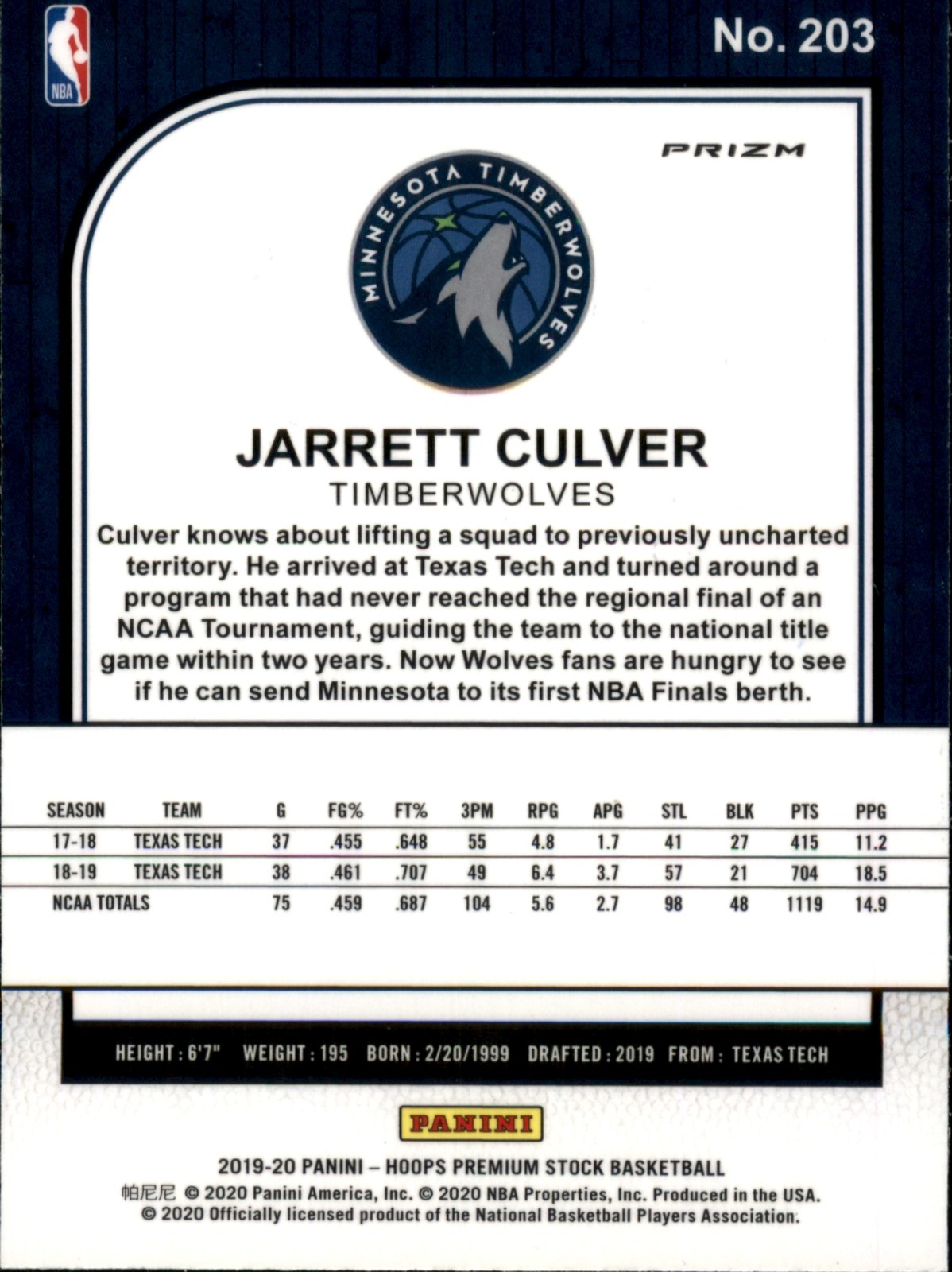 2019-20 Panini Hoops Premium Stock Jarrett Culver RC Red #203 T-Wolves