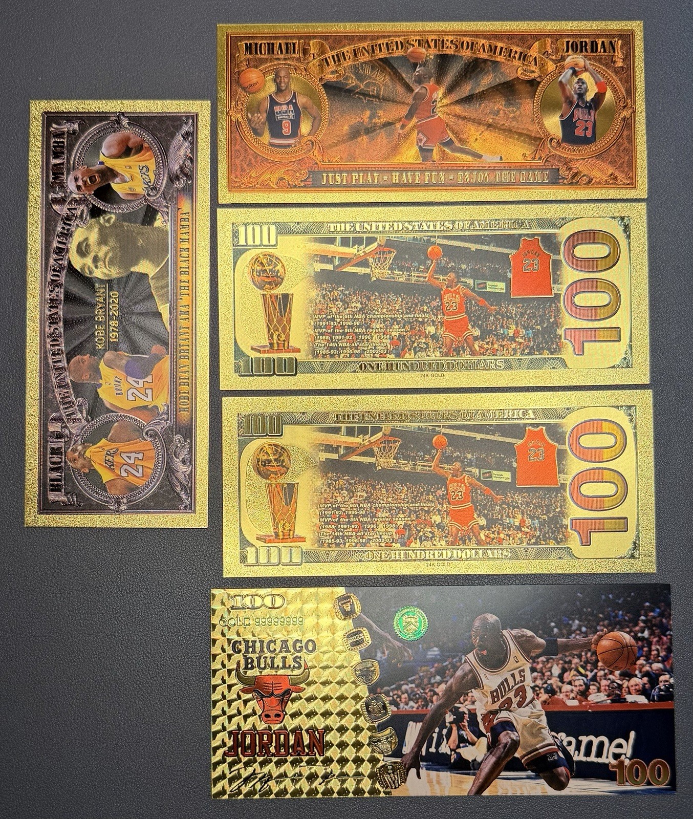 Michael Jordan 24k Gold Foil Banknotes w/ 1 Kobe Note – LOT of 5 In Top Loaders