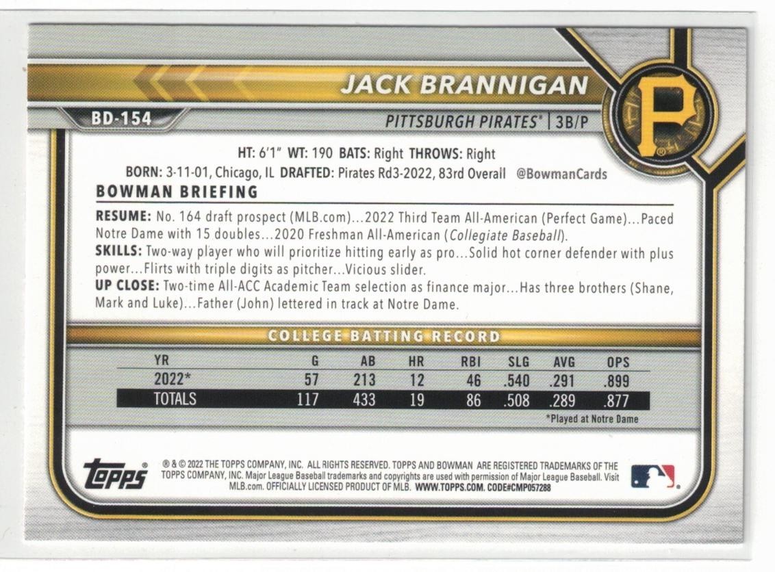 2022 1st Bowman Draft Paper ORANGE RC Jack Brannigan #BD-154! Pirates Rookie /25