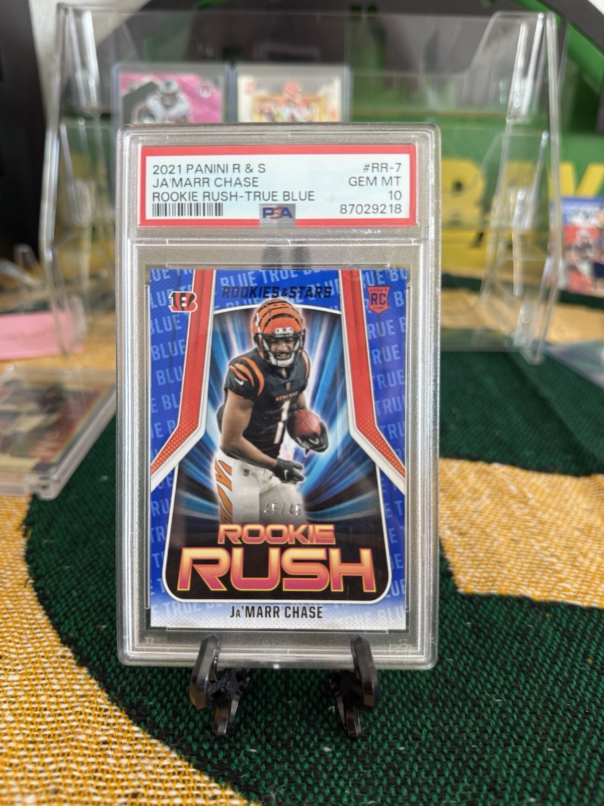 Panini 2021 Rookies & Stars Ja’Marr Chase Rookie Rush True Blue RR-7 PSA 10 /49