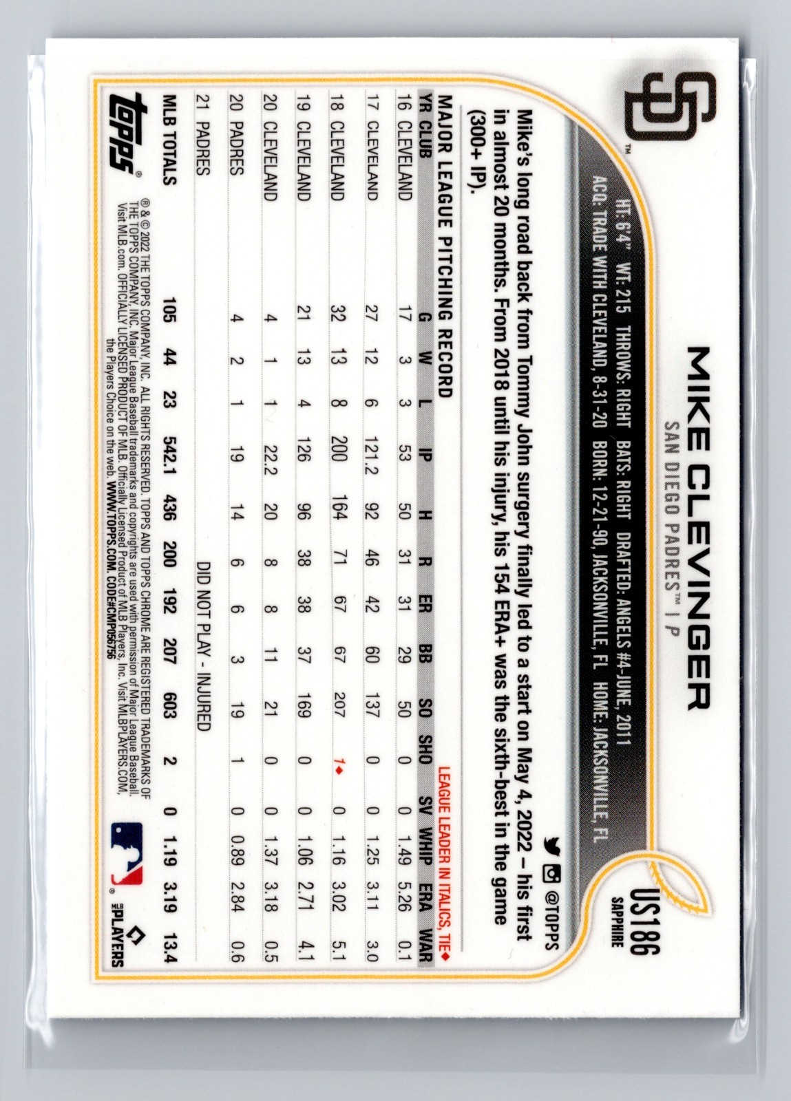 2022 Topps Chrome Updated Series Sapphire – Mike Clevinger #US186