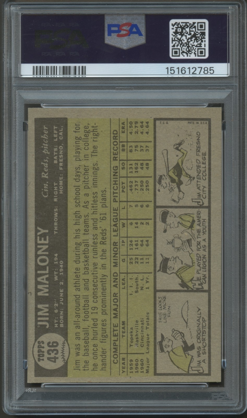 1961 Topps #436 Jim Maloney PSA 8