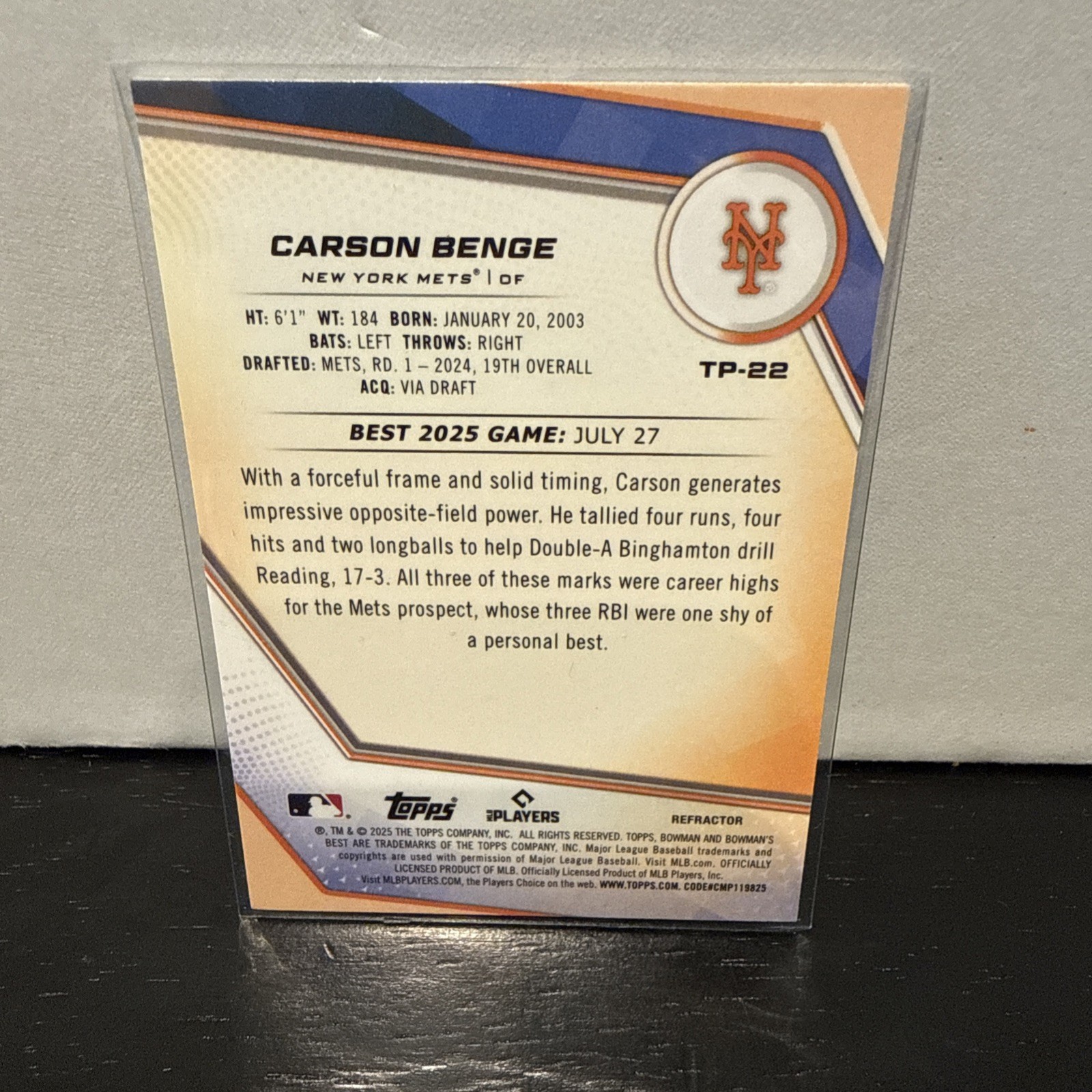 Carson Benga 2025 Bowman’s Best – Refractor – #TP-22 Mets