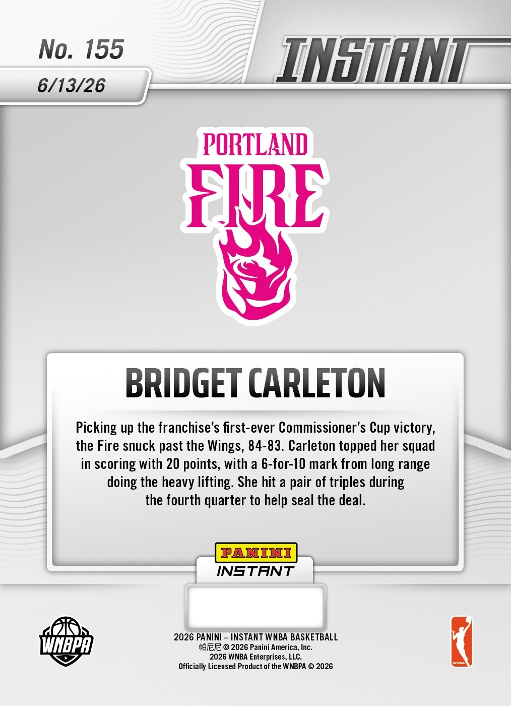 2026 Panini Instant WNBA #155 Bridget Carleton Portland Fire PRESALE