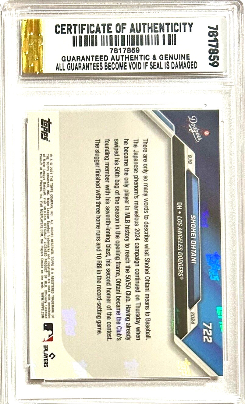 SHOHEI OHTANI 2024 TOPPS NOW 1st MLB 50/50 Season GRADED GEM-MT 10 #722. COA!