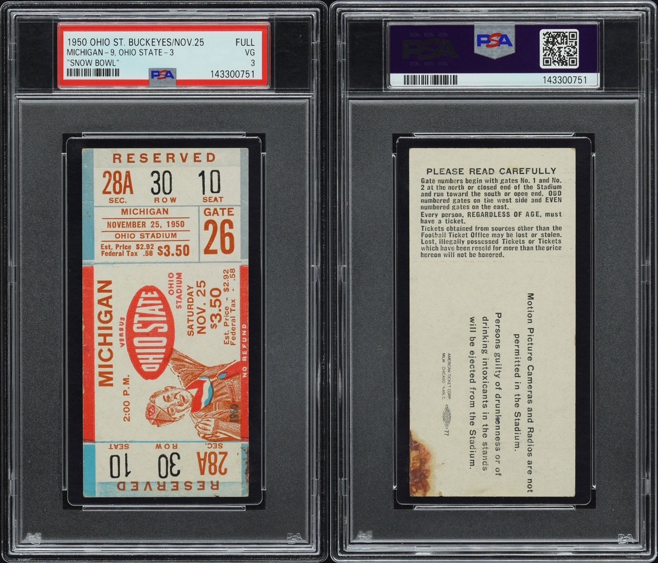 PSA 3 – SNOW BOWL OHIO STATE BUCKEYES MICHIGAN WOLVERINES 1950 NCAA FULL TICKET