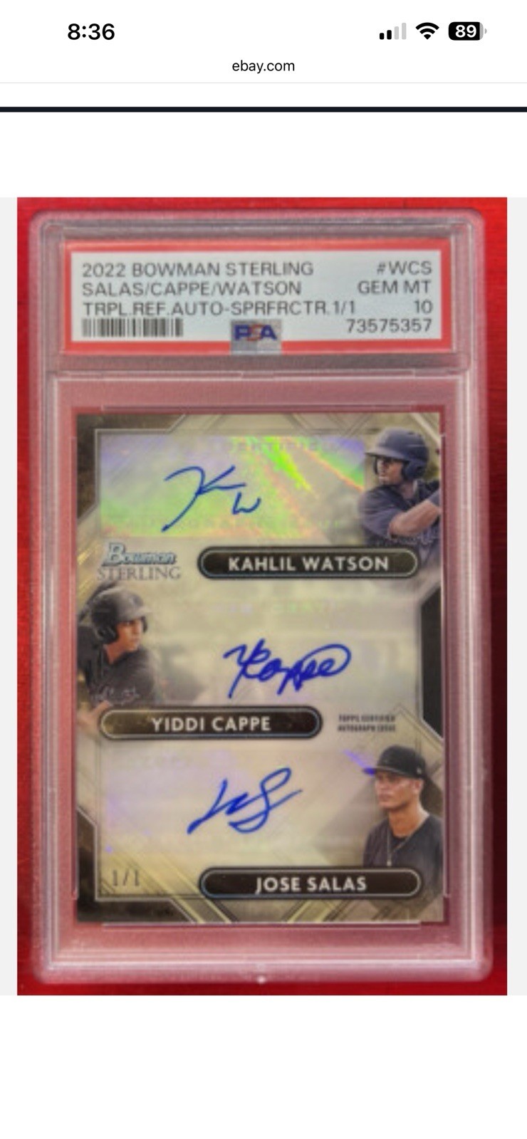 2022 Bowman Sterling Salas, Cappe, Watson Triple Auto Superfractor 1/1 PSA 10