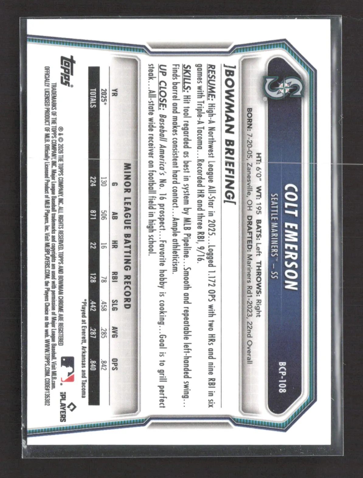 2024 Bowman Chrome Colt Emerson #BCP-108 Blue Sapphire Refractor