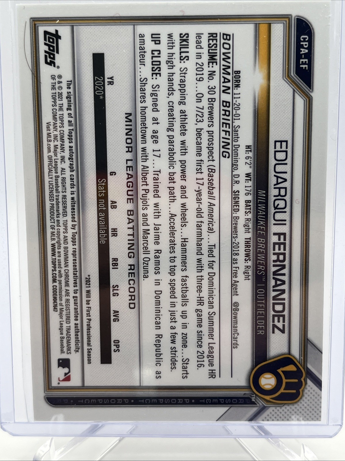 2021 Bowman Chrome – Prospect Autographs Eduarqui Fernandez #CPA-EF Atomic…