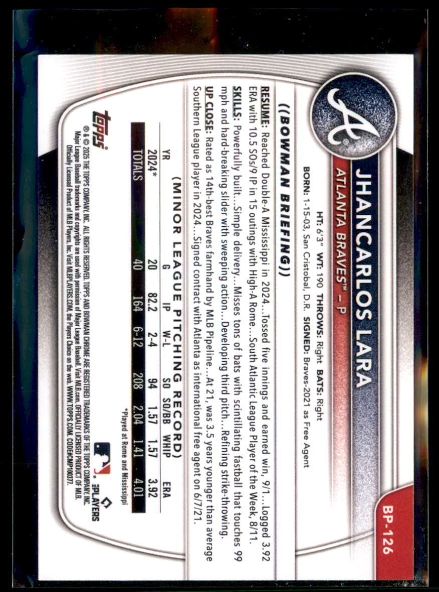 2025 Bowman Prospect Paper Jhancarlos Lara Atlanta Braves #BP-126 5 Card Lot