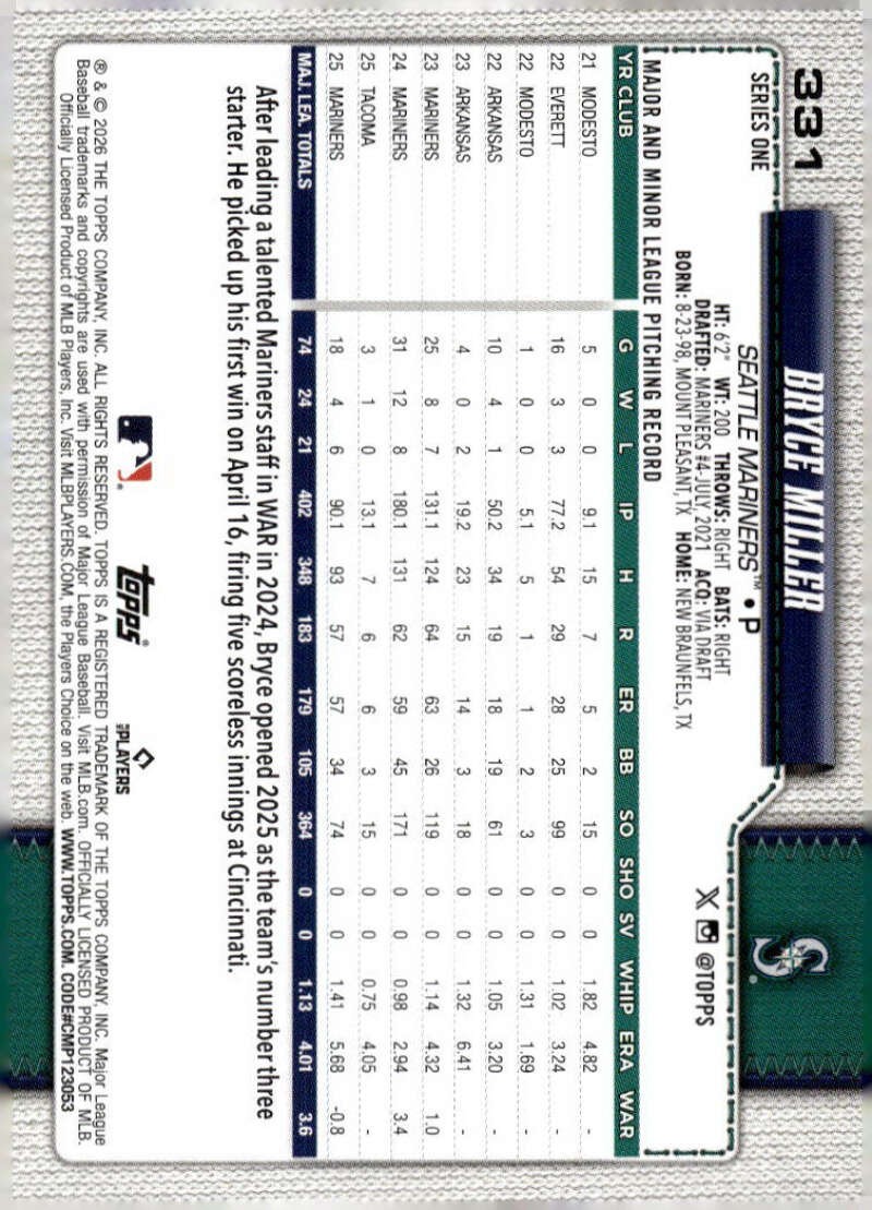 2026 Topps #331 Bryce Miller NM-MT Mariners ID:81909