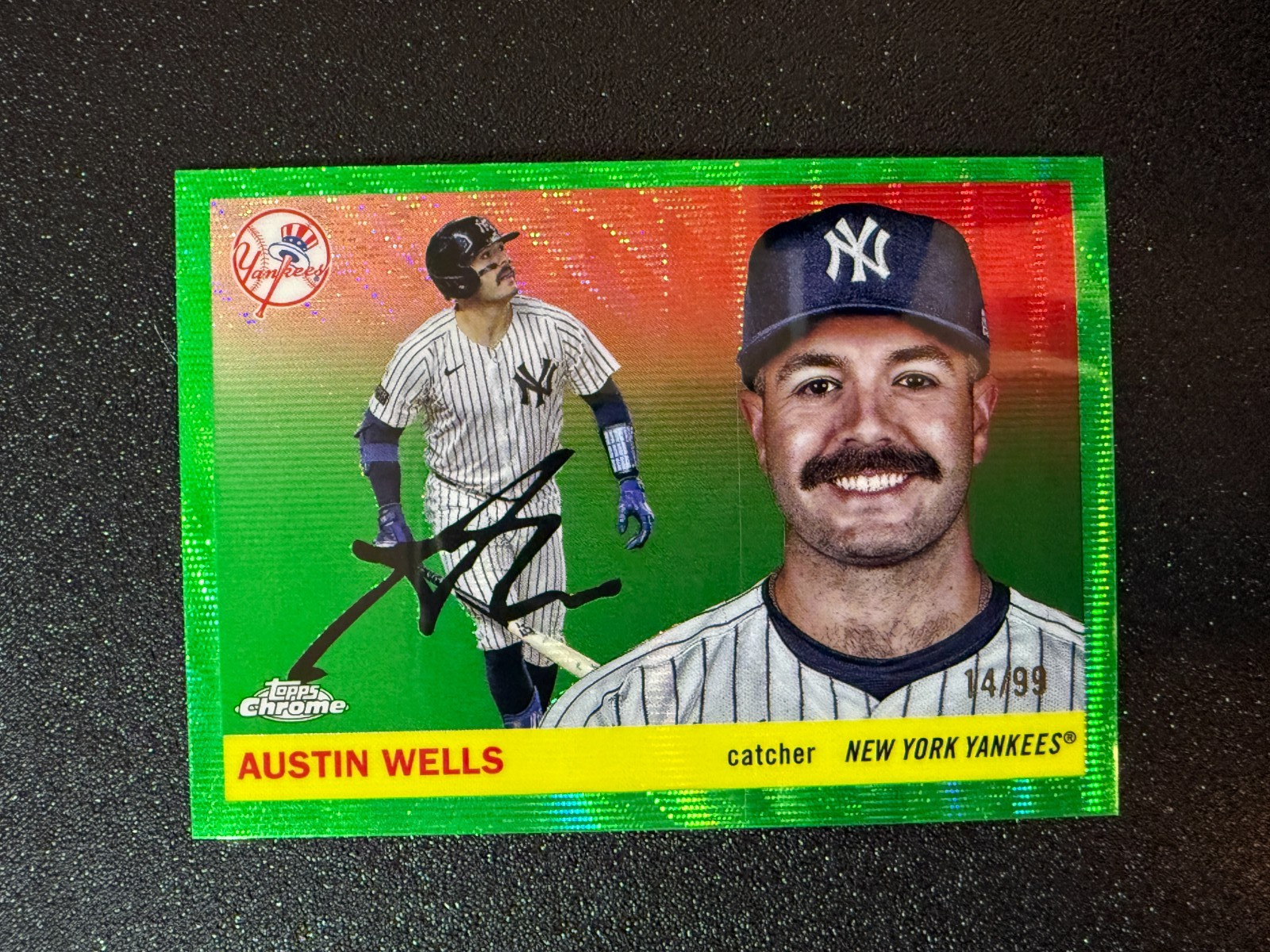 2026 Topps Chrome Platinum Austin Wells Green Wave Refractor /99 NY Yankees #165