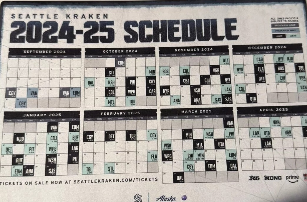 Seattle Kraken – 2024-2025 Magnetic Schedule