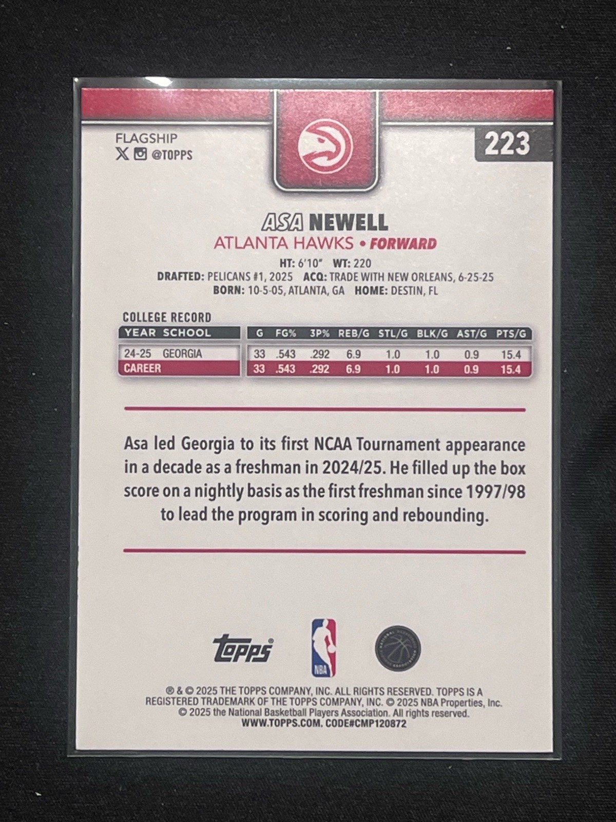 ASA NEWELL 2025-26 Topps #223 Hawks Rookie RC