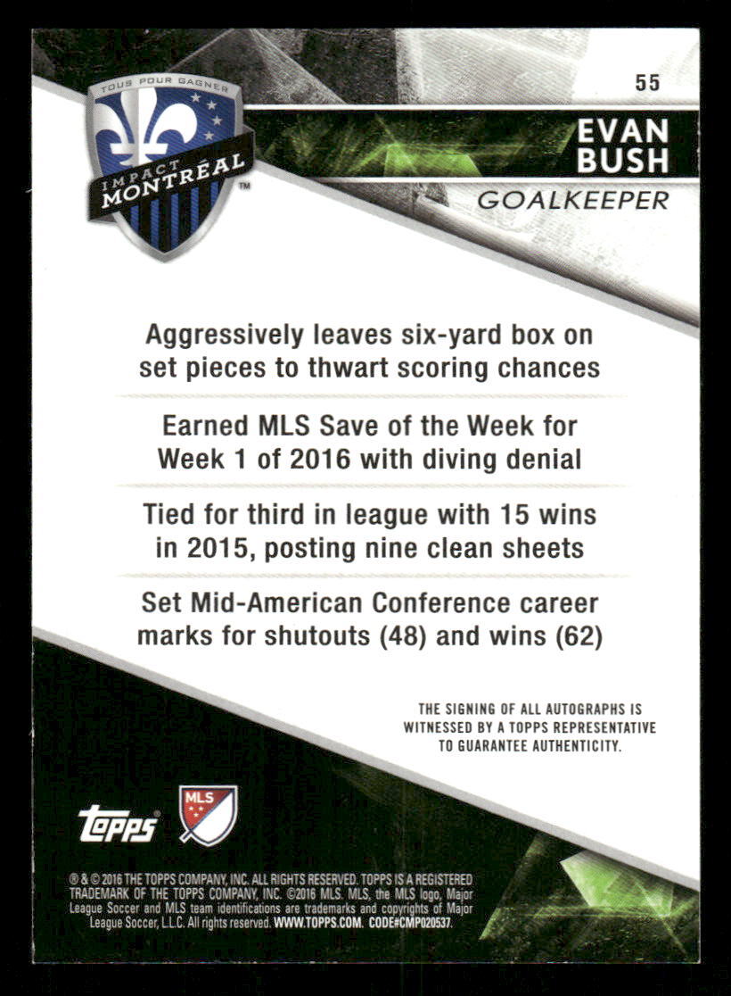 2016 Topps Apex MLS Evan Bush Auto Autographs Blue AU,SN #55 Card #/99