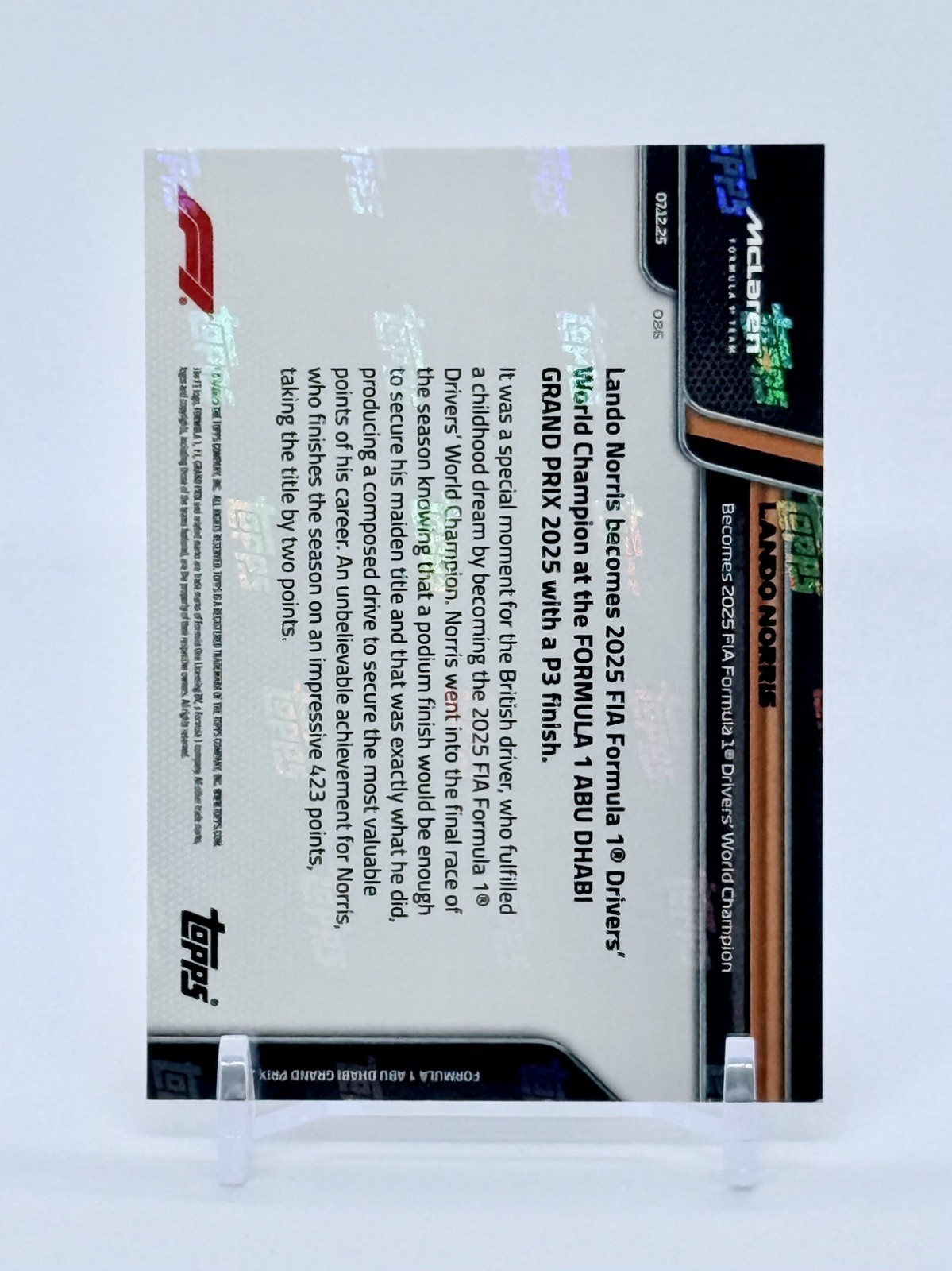 Lando Norris 2025 Formula 1 Topps NOW Card 86 2025 World Champion READY TO SHIP!