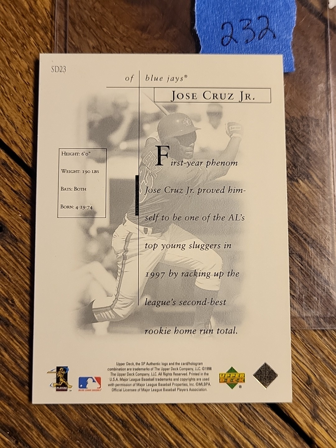 1998 SP Authentic Sheer Dominance #SD23 Jose Cruz Jr. Toronto Blue Jays Loc232