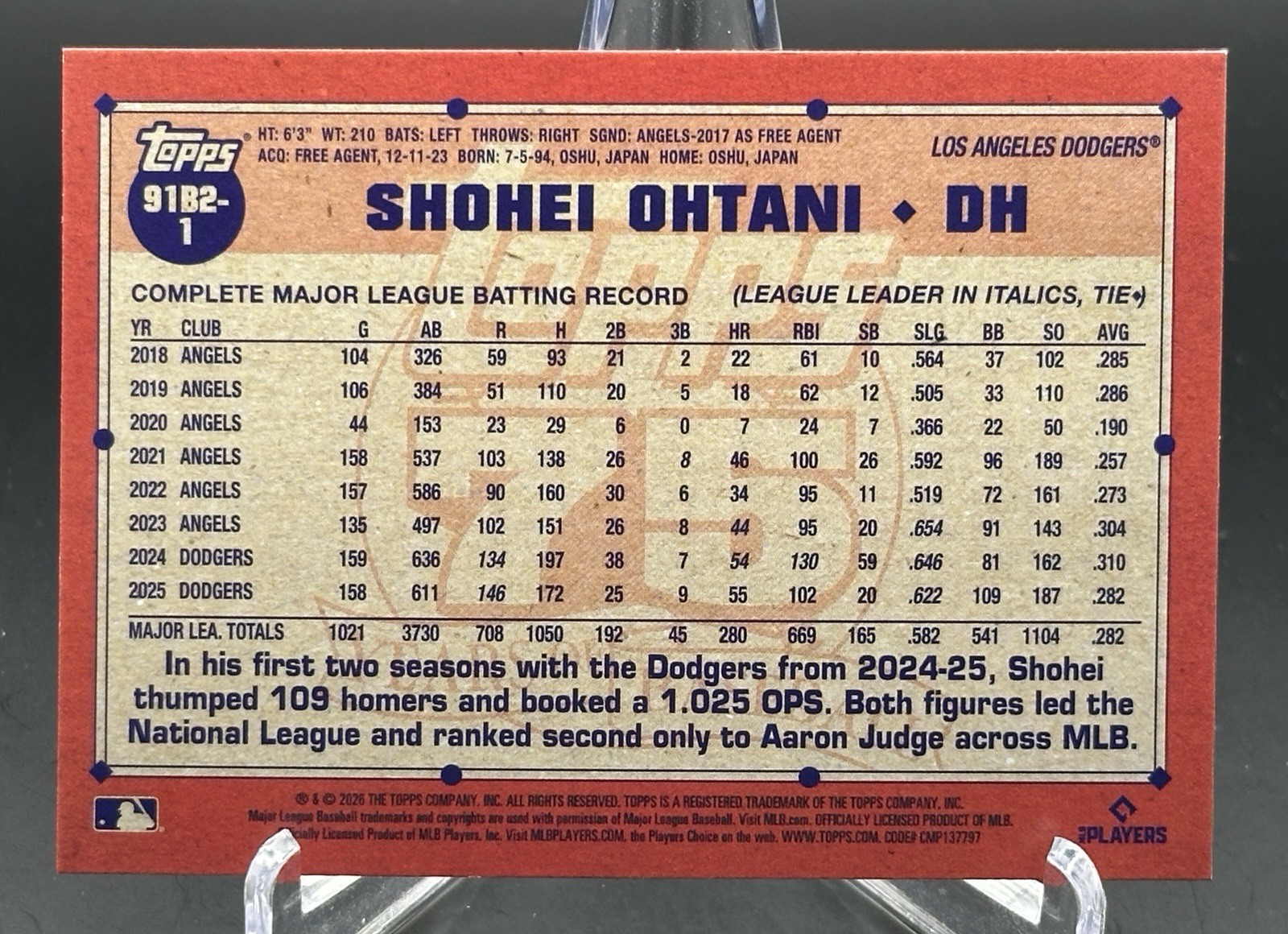2026 Topps Series 2 Shohei Ohtani Pink Crackle Foil 1991 Topps #91B2-1 READ