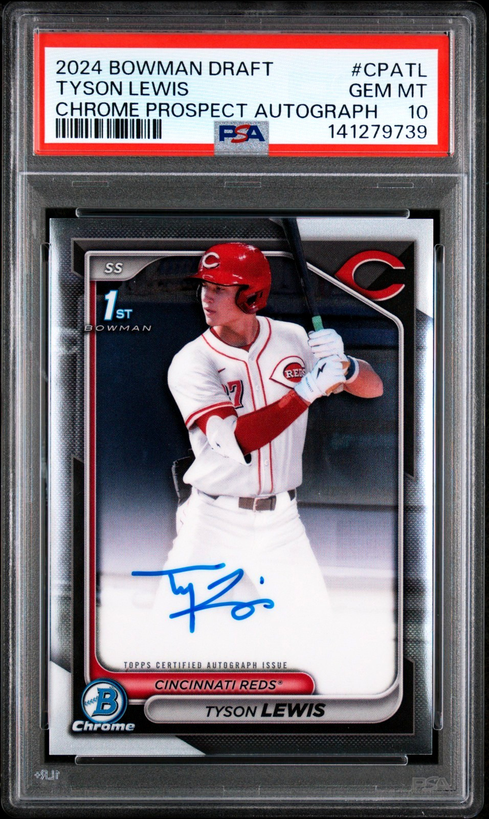 TYSON LEWIS 2024 BOWMAN DRAFT CHROME PROSPECT 1st ON CARD RC AUTO GEM PSA 10