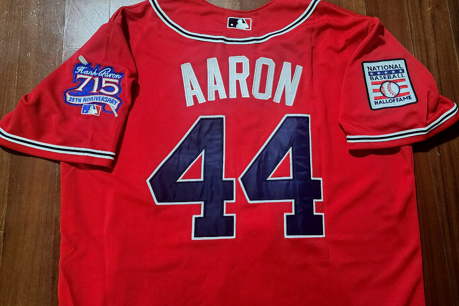 Brand New! Atlanta Braves #44 Hank Aaron Cooperstown 2patch sewn Jersey Red Mens