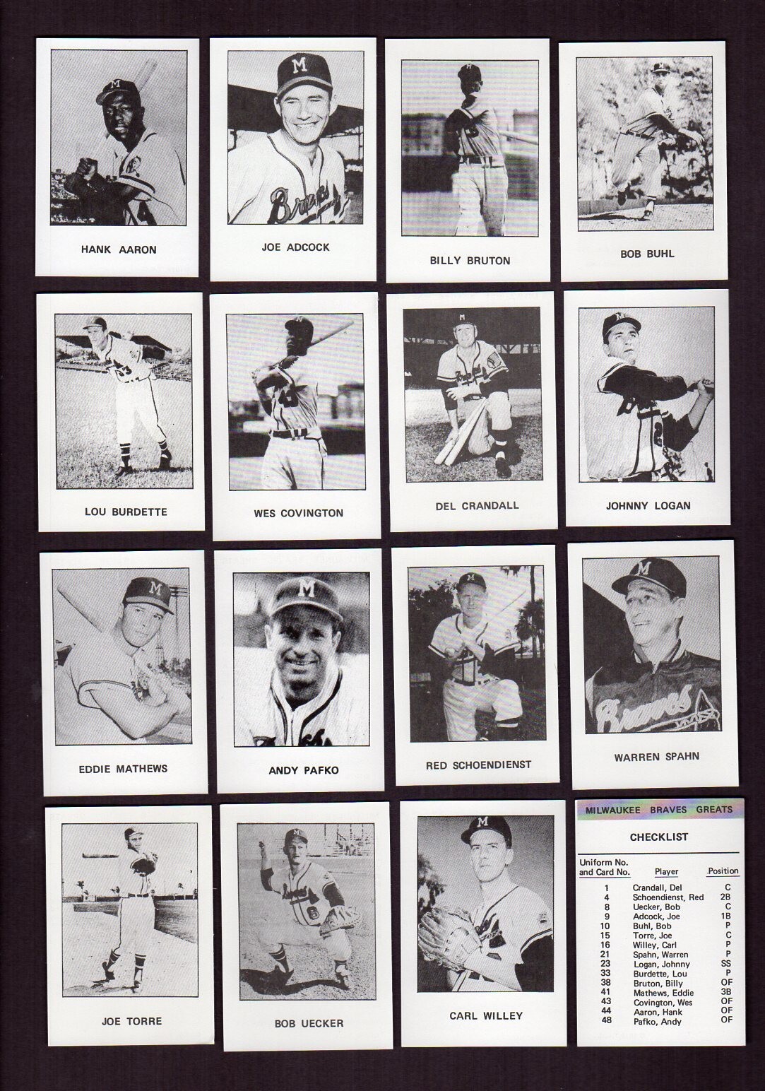 MILWAUKEE BRAVES GREATS Baseball Card Set ~ ALL 16 cards ~ 1978 T.C.C.
