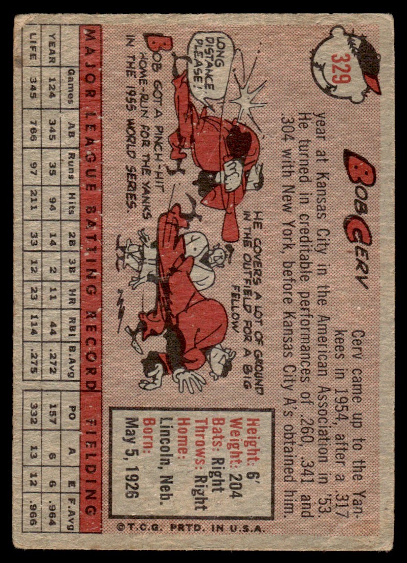 1958 Topps Bob Cerv Kansas City Athletics #329