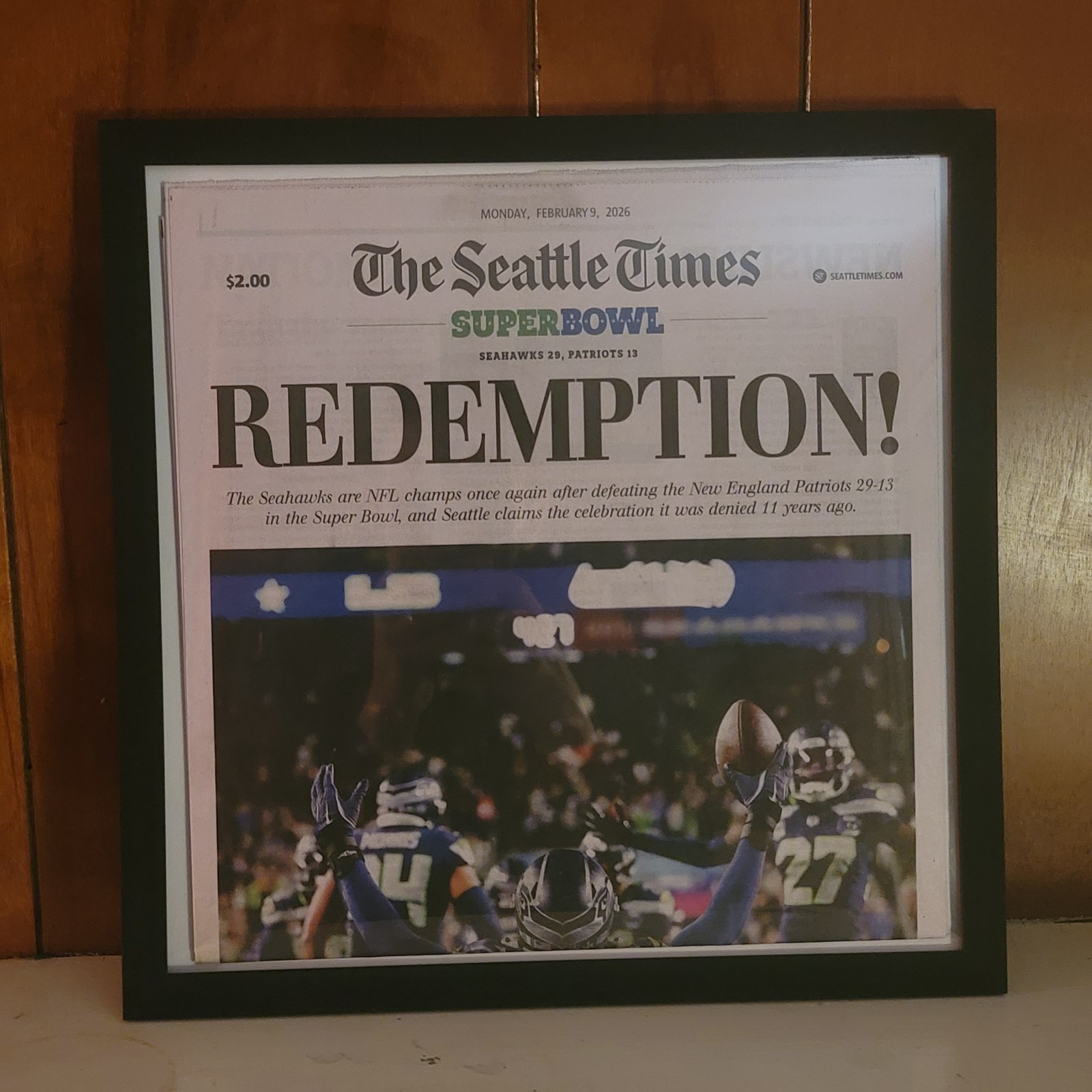 FRAMED SEATTLE SEAHAWKS FULL NEWSPAPER SUPER BOWL WIN HISTORY 2/9/2026