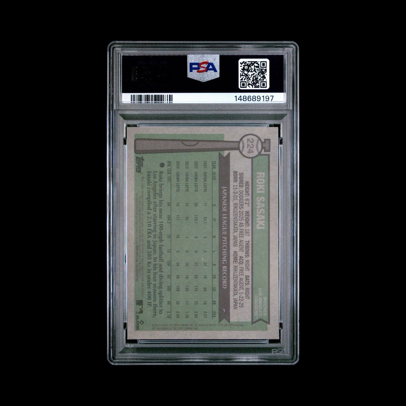 2025 Topps Heritage Roki Sasaki RC – Chrome Aqua Sparkle Refractor #244 – PSA 9