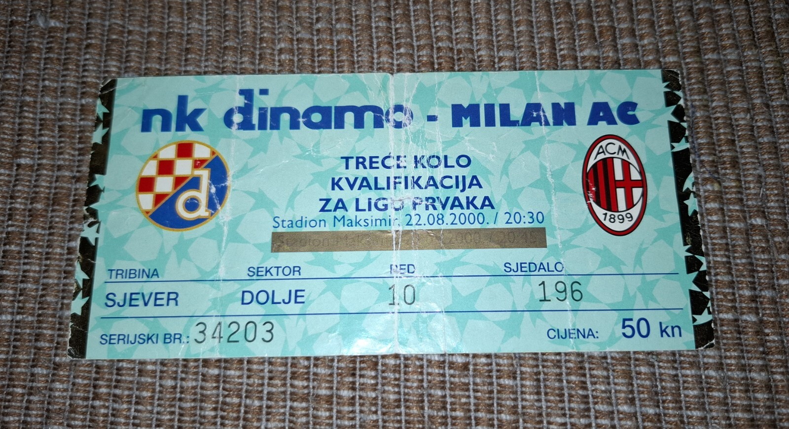 Dinamo Zagreb – AC Milan 22.08.2000. Champions league qualification game ticket