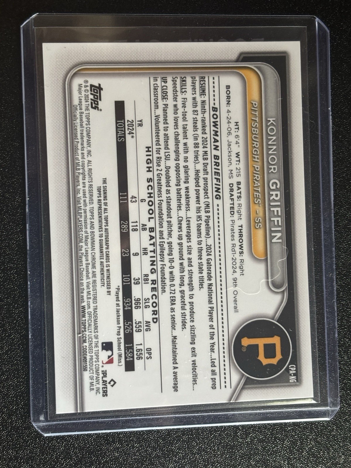 2024 Bowman Draft – Chrome Prospect Autographs Konnor Griffin #CPA-KG (AU, RC)