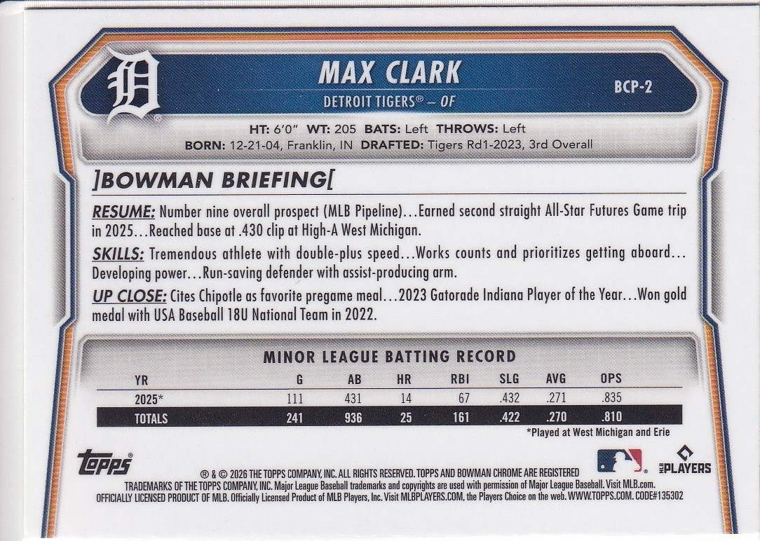 BCP-2 Max Clark 2026 Bowman – Chrome Prospects Detroit Tigers
