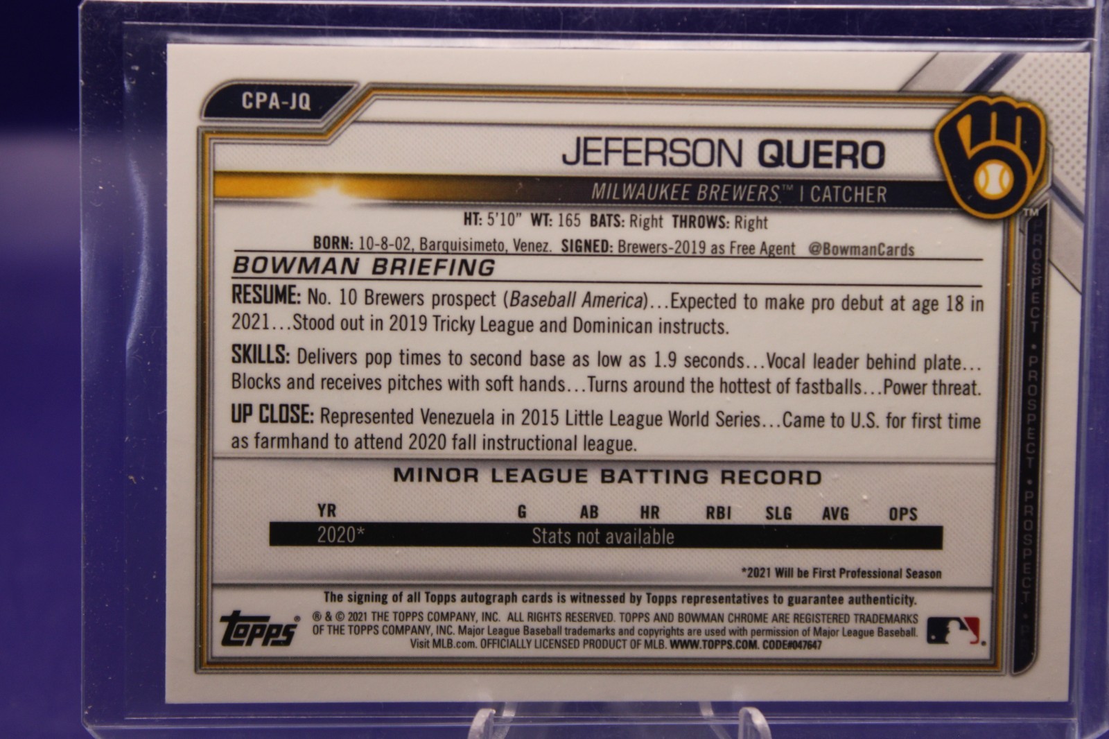 2021 Bowman Chrome Prospect Autographs Jeferson Quero